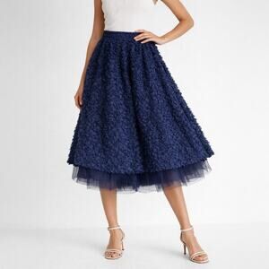 Halogen x Atlantic-Pacific Navy Floral Textured Midi Skirt Size XS